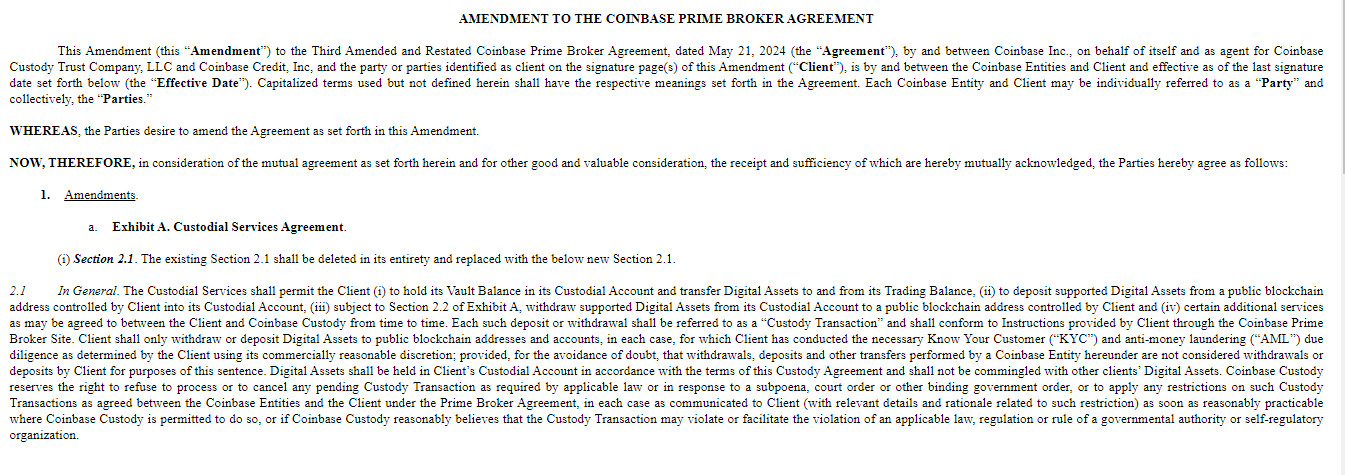 Blackrock 申請修改 Coinbase 主經紀商協議，