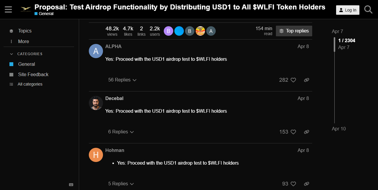 USD1 에어드롭 제안에 대한 커뮤니티 반응