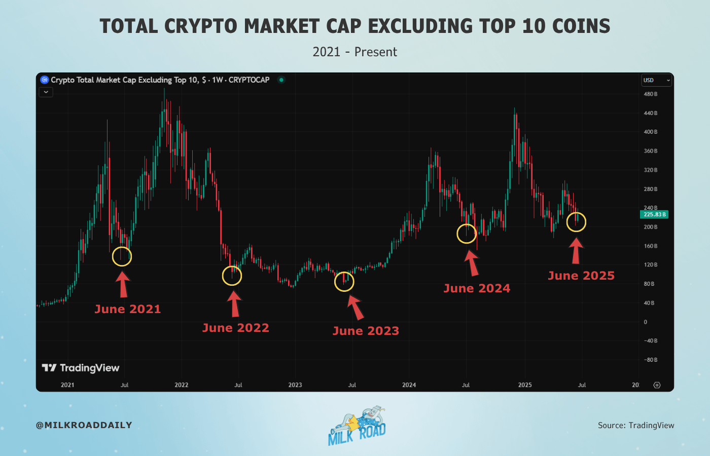 Total crypto market cap excluding top 10. Source: Milk Road