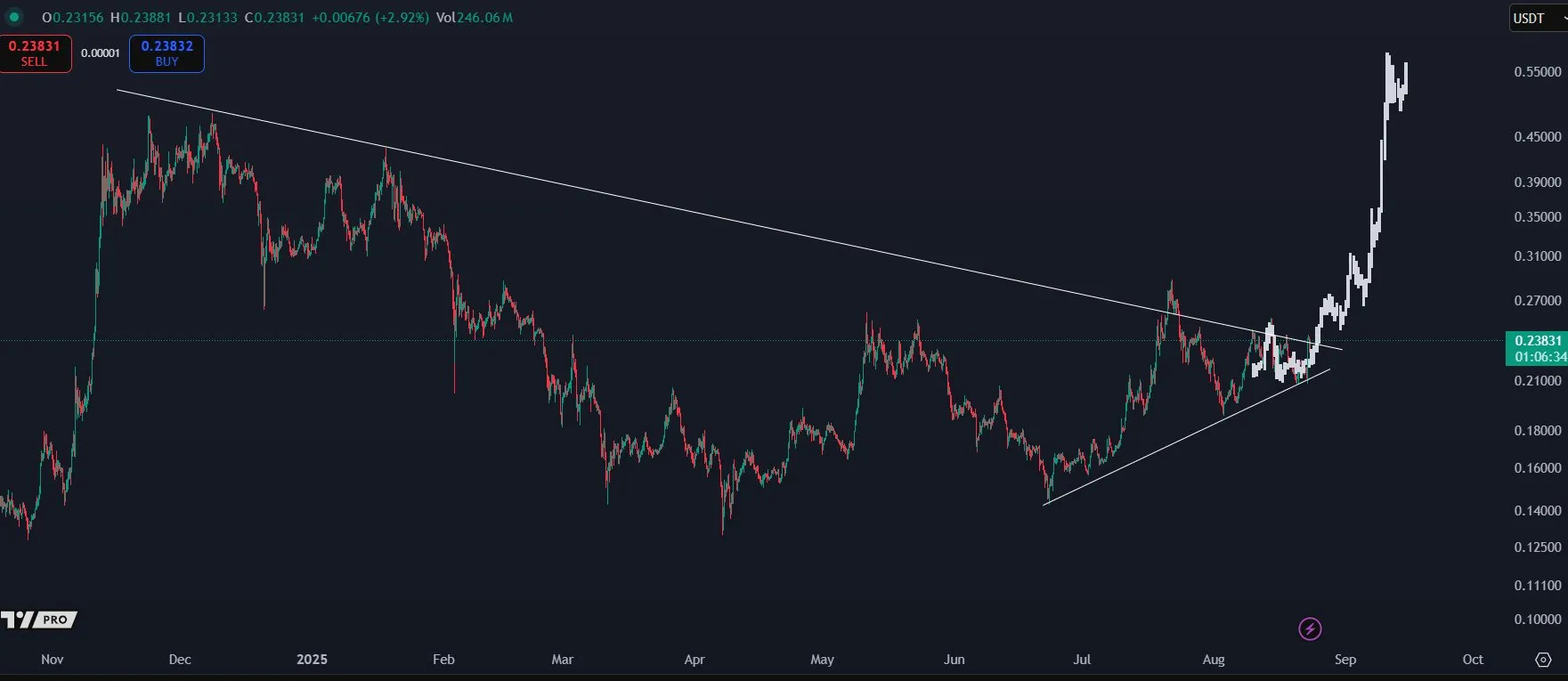 DOGE Price with Symmetrical Triangle Pattern. Source: KALEO.